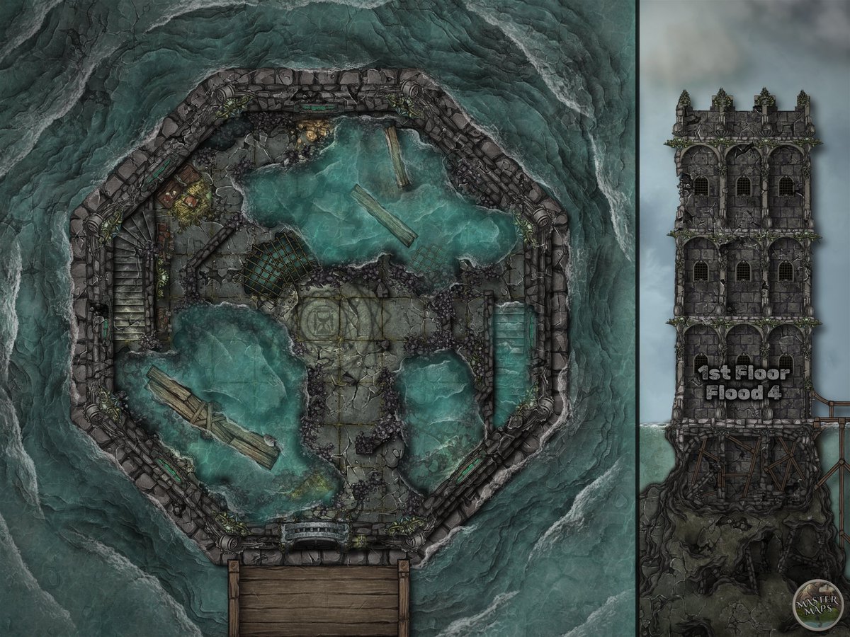 master_maps's tweet image. Crumbling Tower 1 - Flood 4 [40x30] #dnd #dndmaps #ttrpgmaps #tabletoprpg #battlemap patreon.com/posts/crumblin…