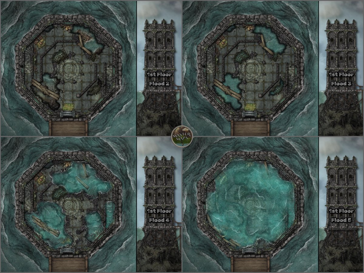master_maps's tweet image. Crumbling Tower 1 - Flood 4 [40x30] #dnd #dndmaps #ttrpgmaps #tabletoprpg #battlemap patreon.com/posts/crumblin…