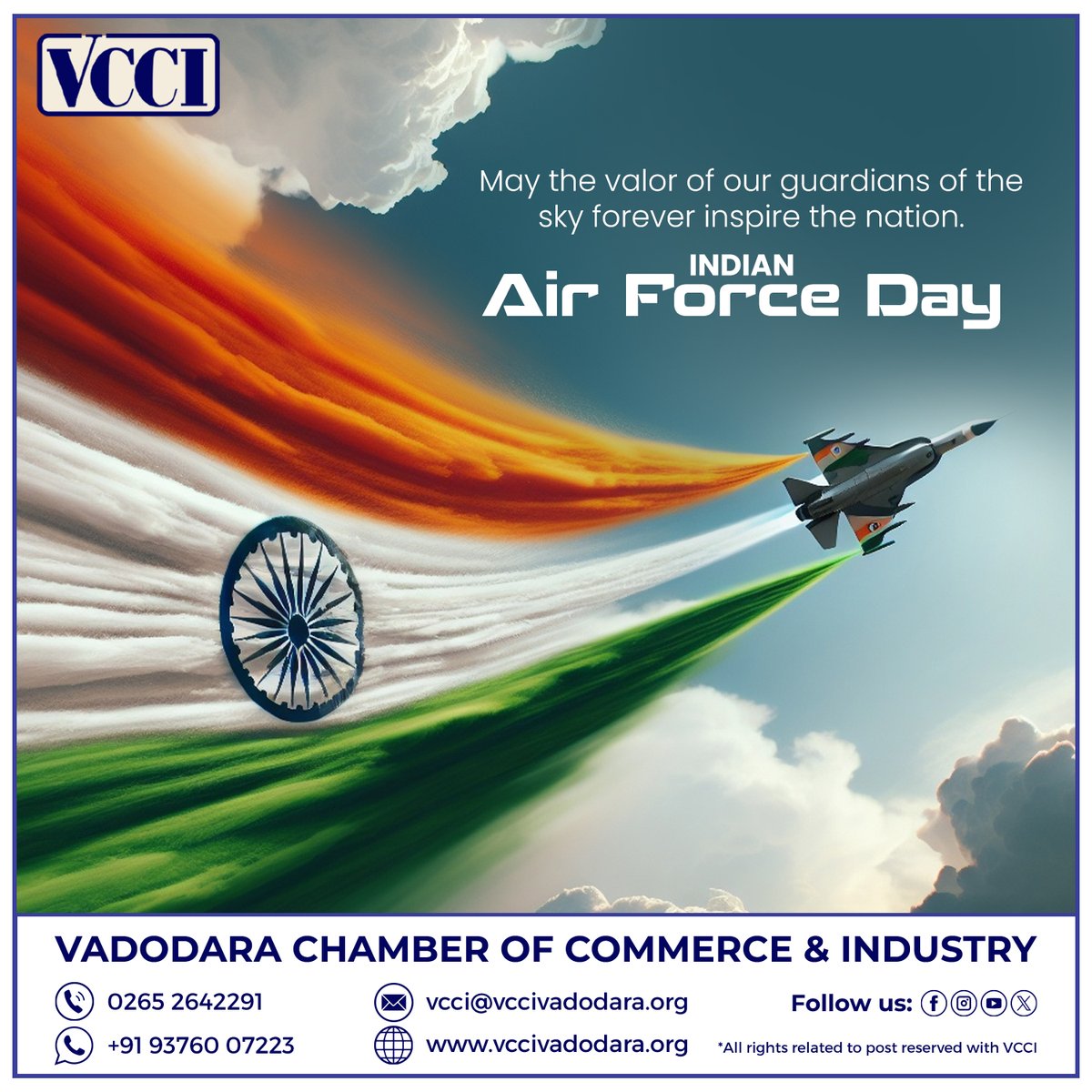 The sky is safe because of your valor and sacrifice. May your courage forever inspire our nation to reach new heights. We salute the guardians of the sky!

VCCI wishes you all a Happy Indian Air Force Day!

#VCCI #IndianAirForceDay #IAF #AirForce #GuardiansOfTheSkies #ProudIndian