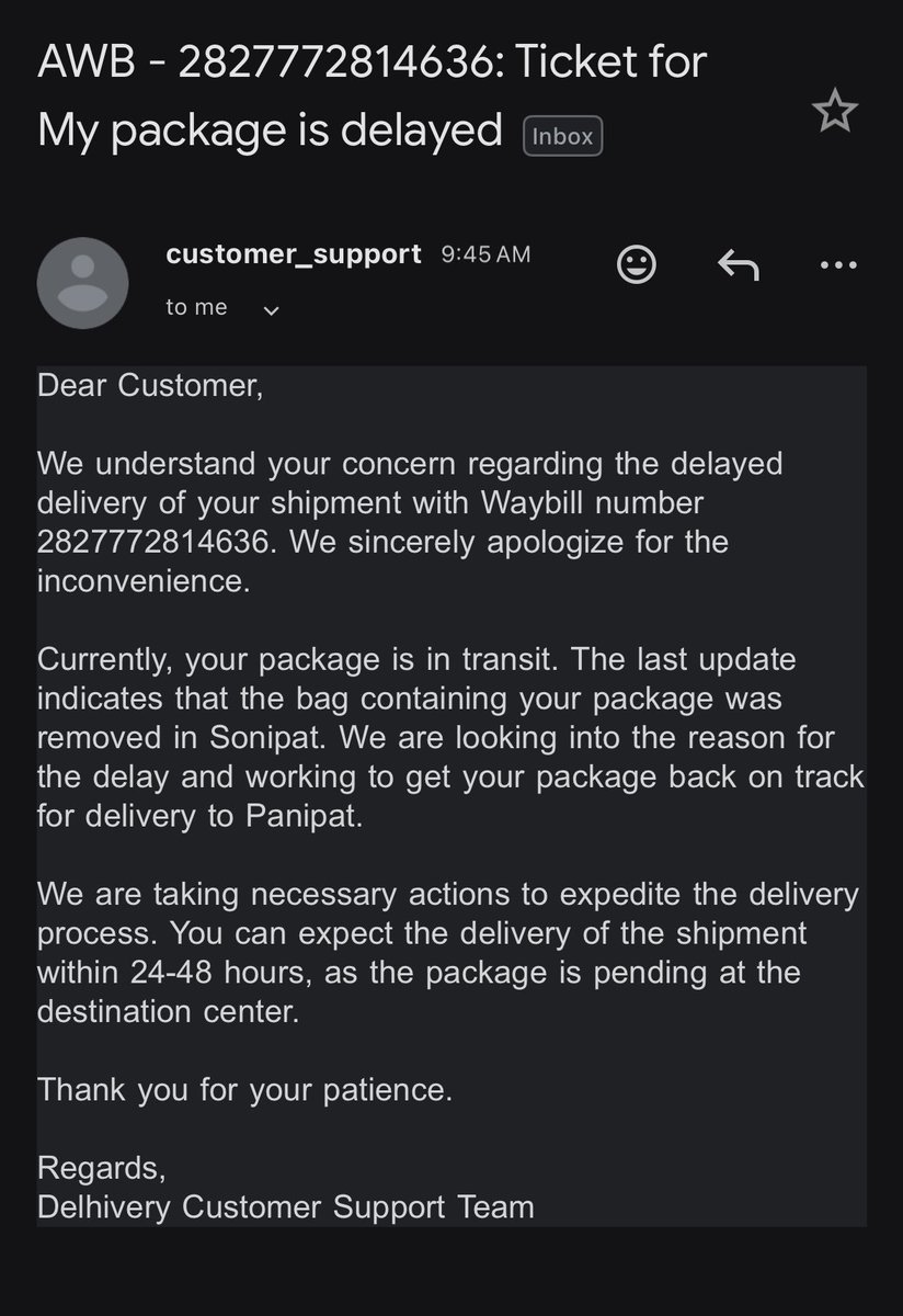 thisisabhis's tweet photo. hey @delhivery my package is delayed for some reason and this is what i received in mail. pls look into this https://t.co/ZCV5mWpQ50