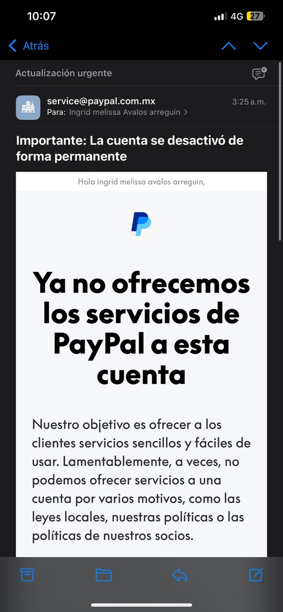 Quiero contarles la mala experiencia con <a href="/PayPal/">PayPal</a> donde desde que descubrí que me hackearon estuve marcando para que hicieran algo, después de la 3 llamada donde me daban solución, hoy decidieron suspender mi cuenta permanentemente, una cuenta de años… no lo usen NO ES CONFIABLE