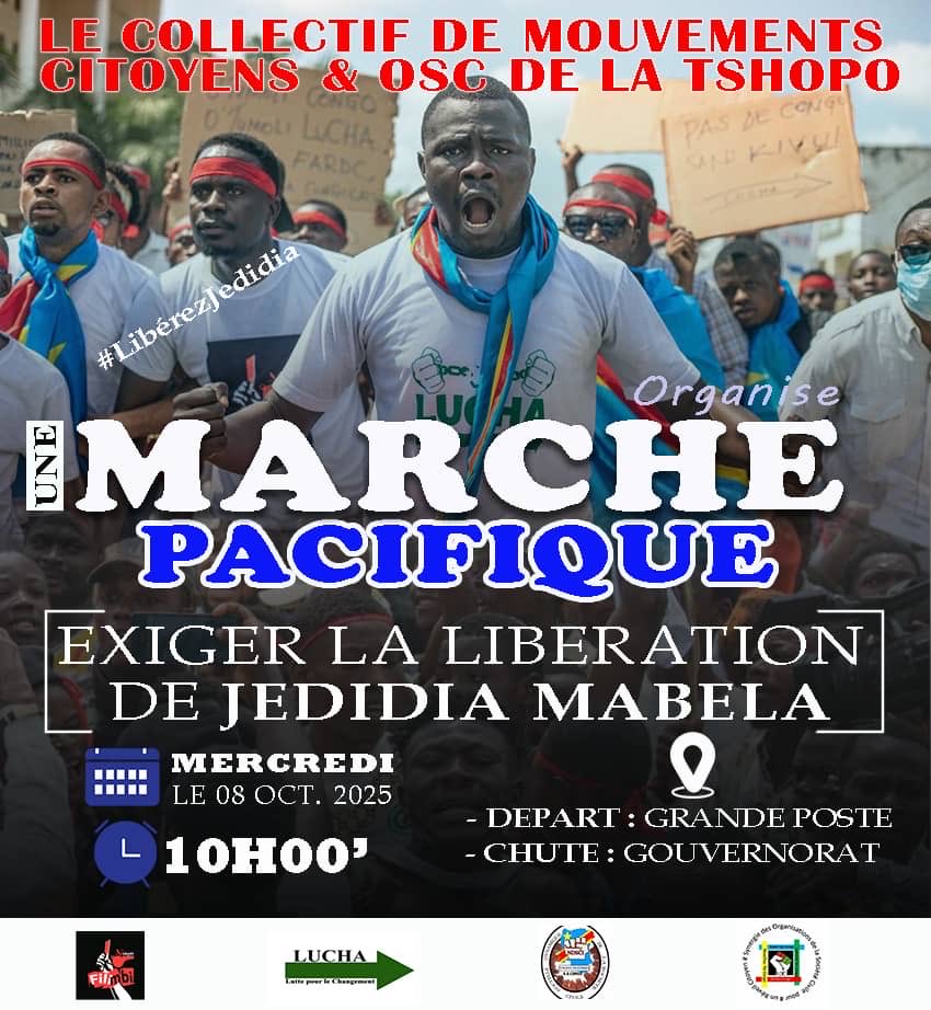 matumo_b's tweet photo. #FreeJedidia. 
Nous marcherons dans la non-violence ce matin 08/10 à Kisangani pour exiger la libération immédiate et sans condition du militant @jedidia_mabela de @luchaRDC. 
#FreeLucha https://t.co/bf4gcvhnDe