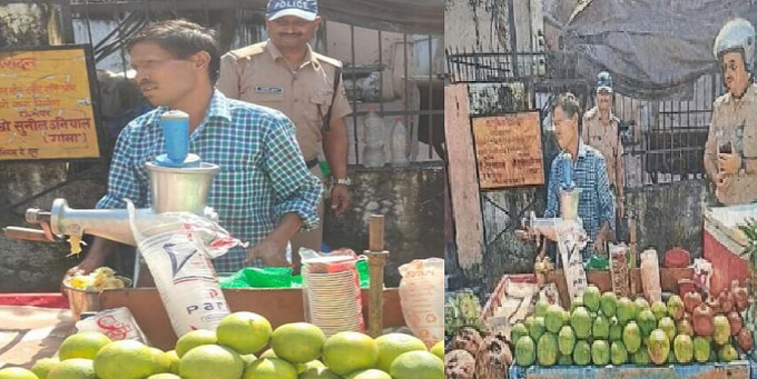(Dehradun-Disgraceful act by Juice seller Bilawal) Street vendor stall with man in blue checkered shirt operating manual juicer extracting liquid from green limes into glasses surrounded by baskets of fruits and disposable cups nearby police officers in uniforms stand observing the setup including one wearing cap and another in khaki uniform with wall mural depicting similar scene behind metal gate and signboard in background
