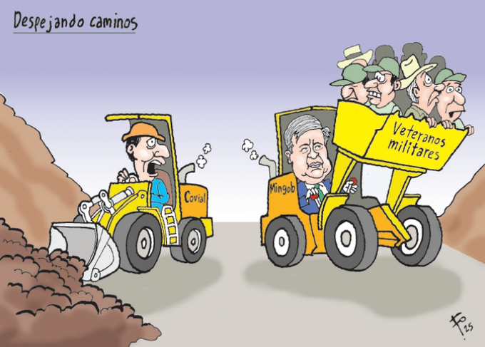 Yellow dump truck labeled Carvi driven by man in hat using shovel to load dirt pile on rugged terrain. Adjacent yellow dump truck labeled Giammattei driven by older man with distressed expression, carrying group of men in hats resembling military veterans. Background shows dirt mounds and exhaust smoke from vehicles. Satirical style caricature signed Fo.