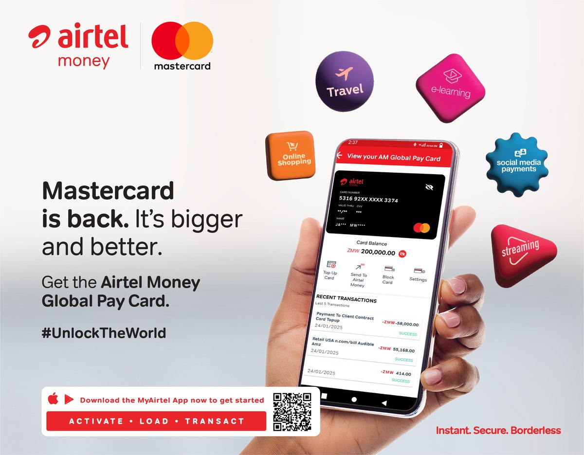 Mastercard is back! We know you have been waiting for it and this time it is bigger and better. Simply open the MyAirtel App, tap the Mastercard logo on your Airtel Money dashboard, accept the Ts &amp; Cs, and enter your PIN to confirm.

#UnlockTheWorld