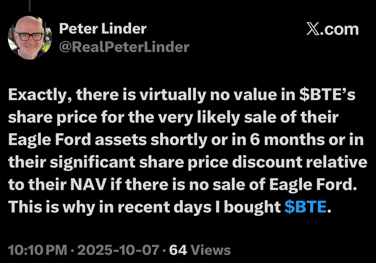 ManitobaCanuck's tweet image. And this guy blocked me in 2025 when I called him out for giving a bullshit analysis of Baytex going bankrupt. He wouldn’t buy $BTE $BTE.TO at C$2 6 mths back , but buys now and finds value at C$3.5 . Glad he had mercy on clients at his firm and retired #COM #OOTT