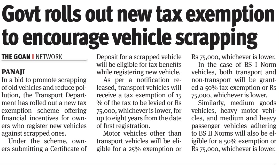 thegoanonline's tweet image. THE GOAN | Govt rolls out new #tax exemption to encourage vehicle #scrapping

Read more: thegoan.net/goa-news/%EF%B…

#Goa #News #Headlines