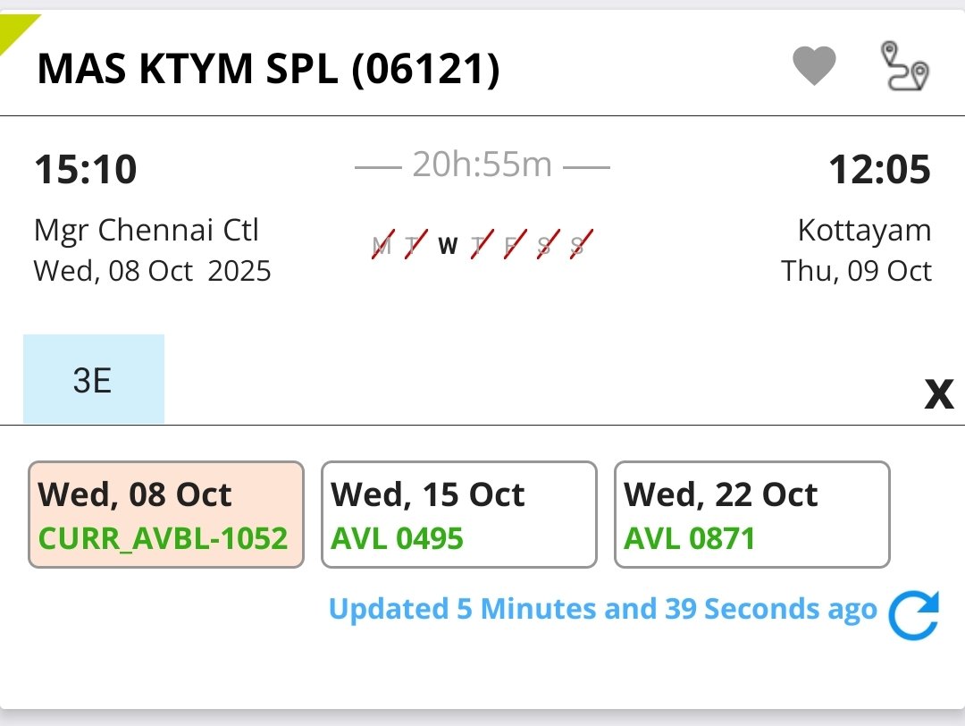 devkiran1990's tweet photo. @RailMinIndia @GMSRailway @kodikunnilMP @NKPremachandran @drmmadurai See the current availability for 06121 MAS-KTYM Special! The service seems underutilized. Southern Railway, please consider running specials based on passenger demand rather than your convenience. https://t.co/2S3IiPWRWC