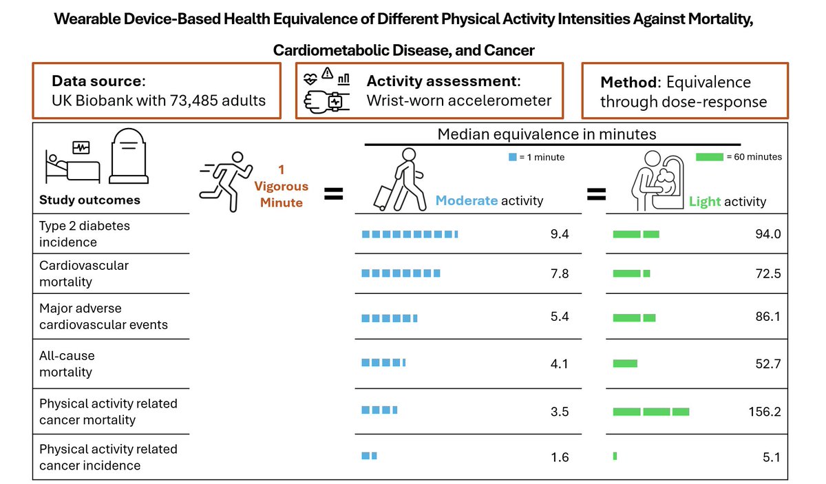 New paper, health value of each minute of different physical activity intensities against 6 health outcomes. 
nature.com/articles/s4146… 
Pretty much the whole industry (incl. <a href="/Google/">Google</a>  Fit    <a href="/Apple/">Apple</a>  Fitness+) assume that 1 minute of vigorous activity = 2 minutes of moderate