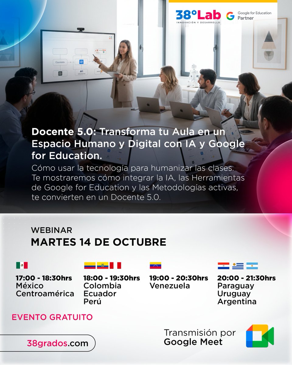 38GradosLab's tweet photo. Webinar: El Docente 5.0: Transforma tu Aula en un Espacio Humano y Digital con IA y Google for Education.

Cómo usar la tecnología para humanizar las clases. Como integrar la IA de Google (Gemini), las Herramientas de Google for Education.

Registro: https://t.co/A7UUeToksl https://t.co/vRSGWVECzv