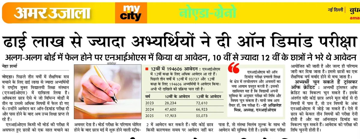 nehacsharma's tweet image. ढाई लाख से ज्यादा अभ्यर्थियों ने दी ऑन डिमांड परीक्षा 
#Education #nios #school #board