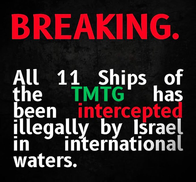 Bold red text reads BREAKING at the top on a dark textured background. Green text below states All 11 Ships of the TMTG has been illegally intercepted by Israel. Additional red text specifies in international waters.
