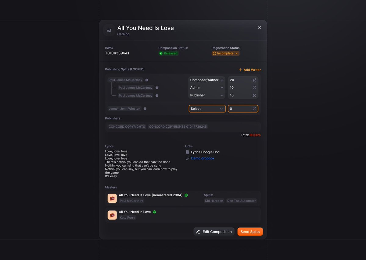 A dark theme for the artist management software to help determine distribution percentages and other rights