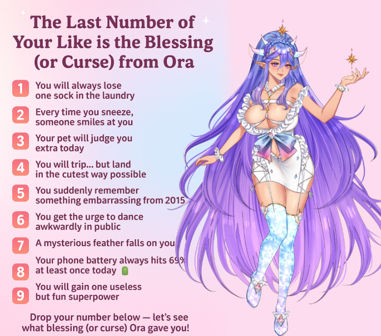 opaliora's tweet photo. ๐งโโ๏ธโจ The fae have spoken! โจ๐งโโ๏ธ
The last number of your like will reveal your blessingโฆ or maybe a little mischief ๐๐ซ
Drop your number below, my radiant!
#FaeVTuber #VtubersUprising #OraBlessing https://t.co/bnu5vZEg3P