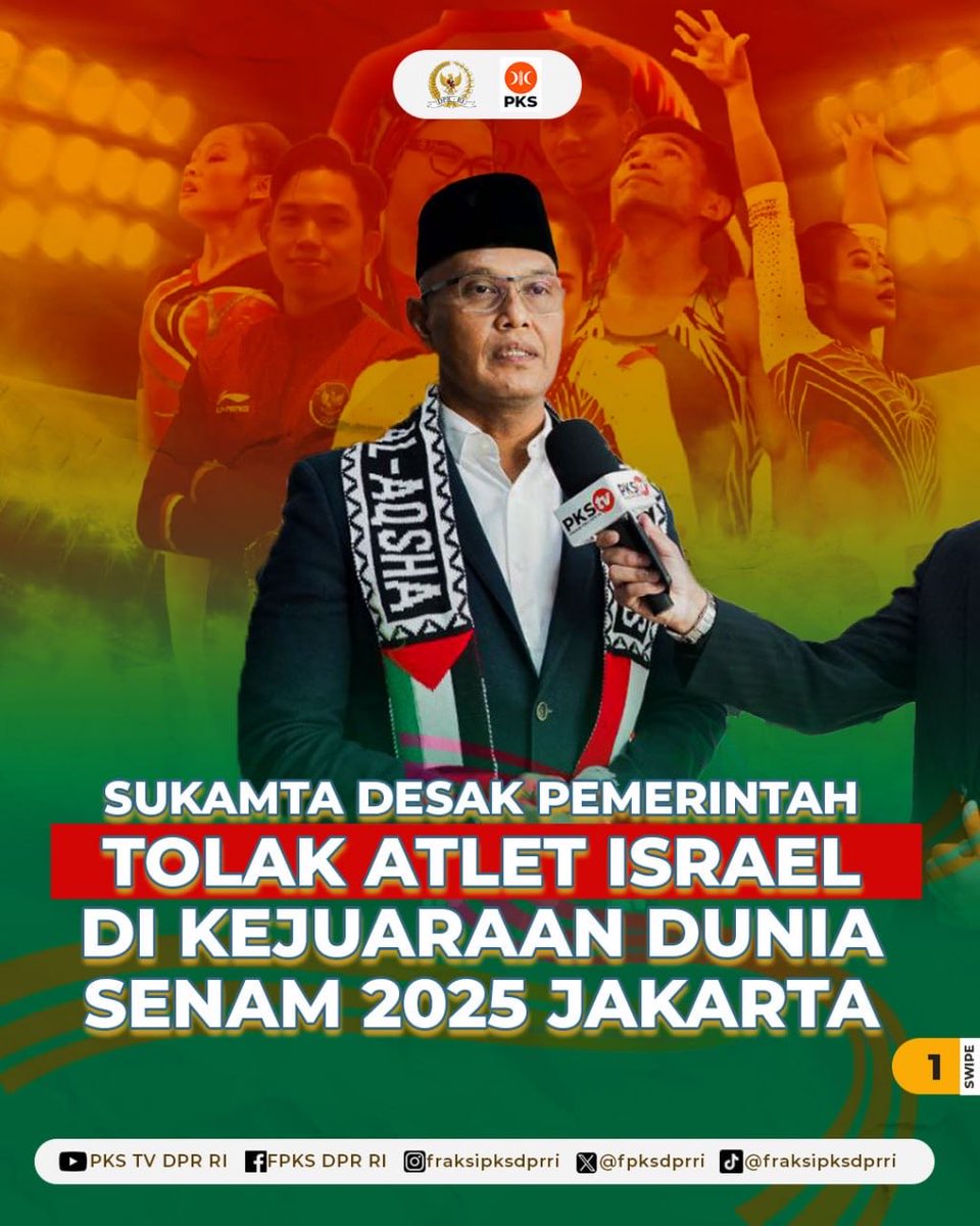 FPKSDPRRI's tweet photo. 🔸Sukamta Desak Pemerintah Tolak Atlet Israel di Kejuaraan Dunia Senam 2025 Jakarta

Wakil Ketua Komisi I DPR RI Fraksi PKS, Sukamta, mendesak pemerintah menolak keikutsertaan atlet Israel dalam ajang World Artistic Gymnastics Championships 2025 di Jakarta. Ia menegaskan, ajang olahraga tak sepatutnya menjadi panggung promosi bagi negara pelaku genosida seperti Israel yang masih menjajah rakyat Palestina. Menurutnya, pemberian izin kepada atlet Israel bukan hanya berpotensi menimbulkan polemik publik, tetapi juga mencederai amanat konstitusi yang menolak segala bentuk penjajahan. Sukamta mengingatkan pemerintah agar bersikap tegas menunjukkan politik luar negeri Indonesia yang bebas aktif dan berpihak pada kemanusiaan. “Pemerintah harus menunjukkan sikap politik luar negeri Indonesia yang bebas aktif, berpihak pada kemanusiaan, dan sesuai amanat konstitusi,” tegasnya. Ia juga menyoroti kondisi kemanusiaan di Gaza yang kian memburuk akibat agresi Israel, menyebut Indonesia tidak pantas menggelar kompetisi yang mengikutsertakan atlet dari negara pelaku genosida. “Dalam situasi genosida seperti ini, justru tidak pantas jika Indonesia menggelar kompetisi yang mengikutsertakan atlet Israel,” ujarnya. Sukamta menegaskan bahwa ketegasan Indonesia terhadap Israel adalah bagian dari jati diri bangsa. “Dukungan Indonesia kepada Palestina bukan sekadar simbol politik, melainkan bagian dari jati diri bangsa dan amanat konstitusi,” pungkasnya.

#fraksipksdprri 
#PKSpembelaRakyat 
#PKS
