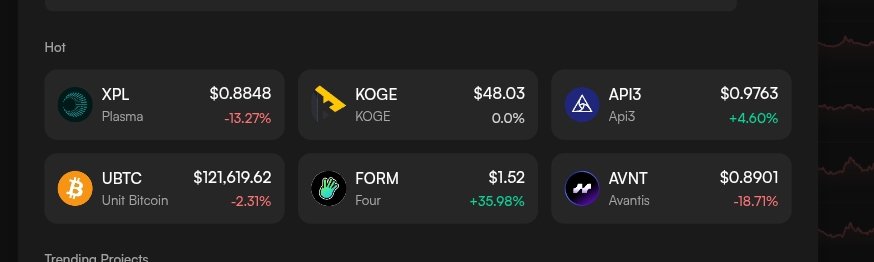 Ryu Hakππ π ππ (@aidstaesu) on Twitter photo πGood Morning
π₯ Hot Tokens Today (via Edgen)
π Whatβs moving in the market right now π
π’ $FORM β $1.52 (+35.98%) strong breakout momentum
π’ $API β $0.97 (+4.60%) Oracle data power rising
β« $KOGE β steady at $48.03
π΄ $UBTC β $121,619 (-2.31%)
π΄ $XPL β $0.88 (-13.27%) πGood Morning
π₯ Hot Tokens Today (via Edgen)
π Whatβs moving in the market right now π
π’ $FORM β $1.52 (+35.98%) strong breakout momentum
π’ $API β $0.97 (+4.60%) Oracle data power rising
β« $KOGE β steady at $48.03
π΄ $UBTC β $121,619 (-2.31%)
π΄ $XPL β $0.88 (-13.27%)
