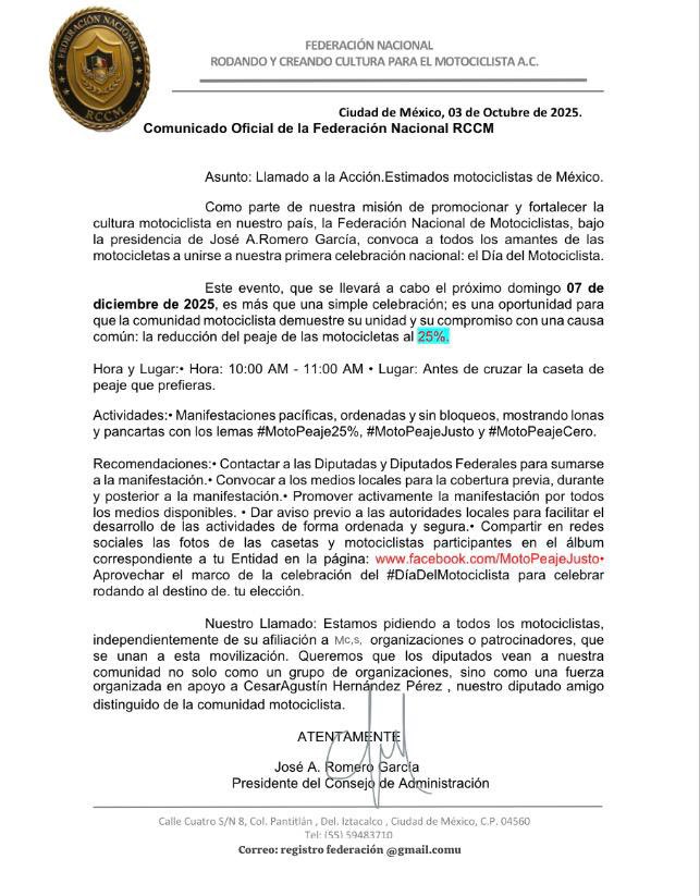 Manifestación Pacífica, simultáneamente, por un pago del 25% en <a href="/GobiernoMX/">Gobierno de México</a> <a href="/CesarAgustinH/">César Agustín Hernández</a> gracias subir la iniciativa.<a href="/Mx_Diputados/">H. Cámara de Diputados</a> moto peaje justo y equitativo.@JuaHugoNeza <a href="/AristeguiOnline/">Aristegui Noticias</a> <a href="/lopezdoriga/">Joaquín López-Dóriga</a> <a href="/CarlosLoret/">Carlos Loret de Mola</a> <a href="/motopeajecero/">MotoPeajeEquitativo</a> <a href="/motolatino/">@motolatino</a> <a href="/MVSNoticias/">MVS Noticias</a> <a href="/Jose_Romero297/">@jose_romero</a>