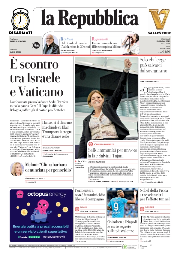 repubblica's tweet photo. La prima pagina di oggi #8october https://t.co/LZaZp2Gm1r 📰 https://t.co/668JbEUcD9