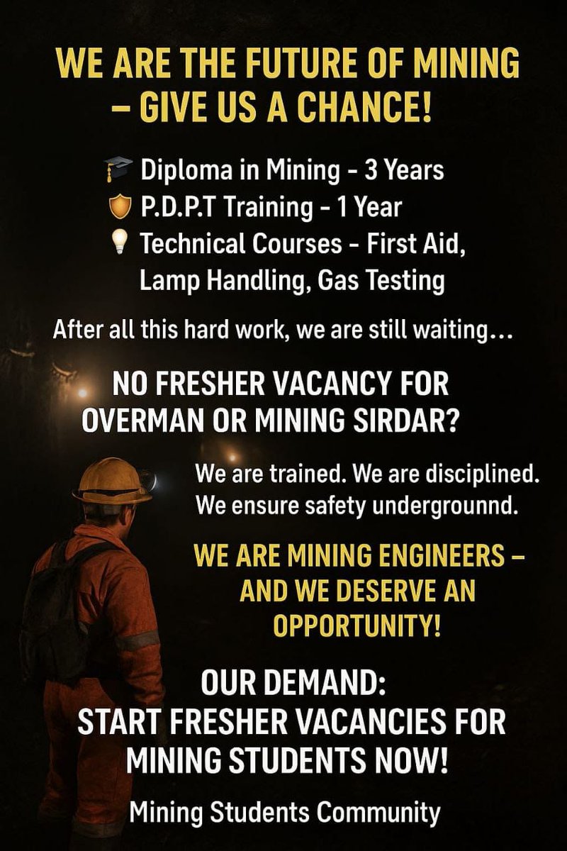Jishanali9304's tweet photo. Sirf ashwaasan nai abki paar bhukh hadtaal, all mining engineers around INDIA be ready to fight against our right on 14 October at CIL headquarter KOLKATA
#hungerstrike
#MiningJobs4Freshers
#OvermanSirdarVacancy @CoalIndiaHQ @LabourMinistry @kisanreddybjp https://t.co/CusDEytJl4