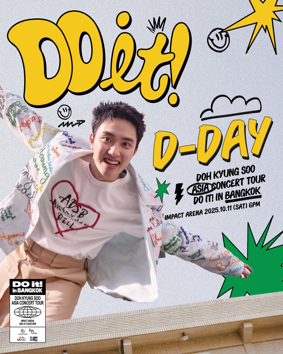 D-Day แล้วนะแอ๋ว! 🥳 แล้วมา DO it! ไปด้วยกันน้าา~ 🤍✨

2025 DOH KYUNG SOO ASIA CONCERT TOUR &lt;DO it! in BANGKOK&gt;✨🐧

📆 11 OCT 2025 (SAT) 6PM

📍อิมแพค อารีน่า, เมืองทองธานี

* โปรดติดตามรายละเอียดเพิ่มเติมได้ที่ : Facebook: GMM SHOW / TikTok: @gmmshow / Instagram: @gmmshow / X: