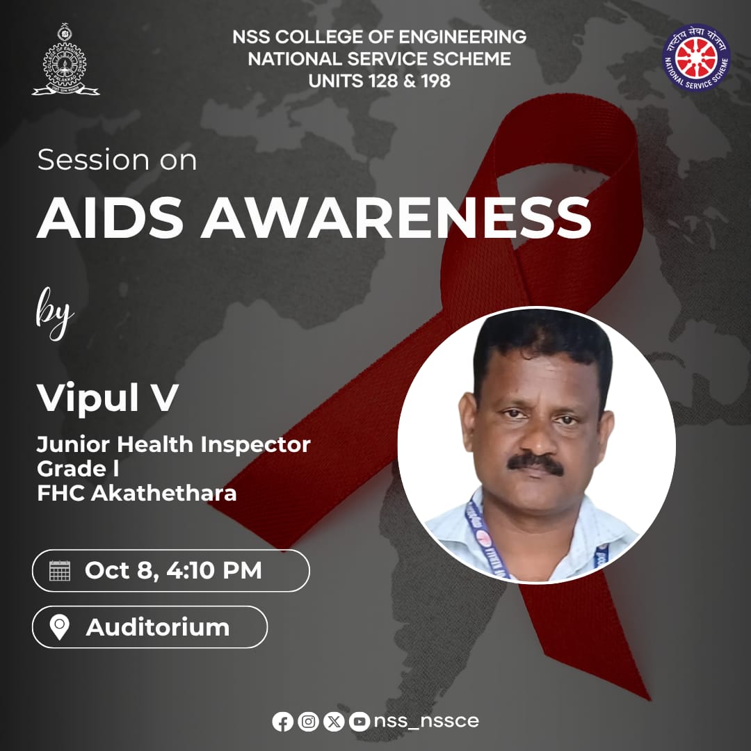 nssnssce's tweet image. NOT ME BUT YOU ✨
NSS Units 128 &amp;amp; 198, NSSCE organizing an AIDS Awareness Session which focuses on spreading knowledge about HIV/AIDS, its transmission, and preventive measures.

🎙 Mr. Vipul V, Jr. Health Inspector
📅 Oct 8 | 🕓 4:10 PM | 📍 Auditorium