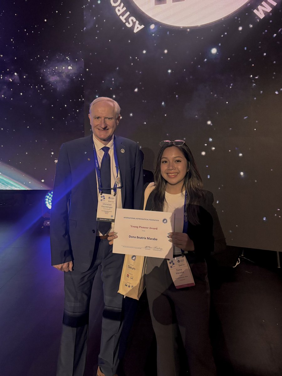 MarabeDona's tweet photo. I am honored to share that I was recognized as 1 of 5 finalists of the @iafastro 2025 Young Pioneers, all of whom are scientists under 30 years old who have contributed significantly to the advancement of aerospace and have presented a paper in the IAC 👩🏼‍🚀🚀

#SERASpace https://t.co/y66jT9dwyq