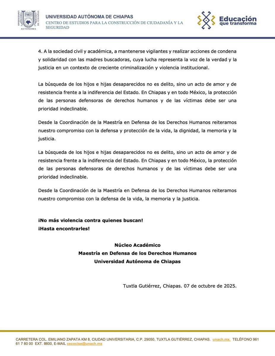 MddhUnach's tweet photo. Condenamos la represión y violencia ejercida contra las madres buscadoras de la Colectiva #MadresEnResistenciaChiapas.
Buscar a sus hij@s no es delito, es un acto de amor y de dignidad.
#DerechoADefender #VerdadYJusticia #DDHH #Chiapas #UNACH https://t.co/ykeehnVRSA