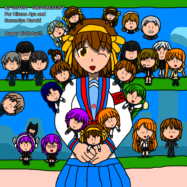 Tat11012's tweet photo. A silly little drawing I made for Suzumiya Haruhi and her VA, Hirano Aya!!!
Good gifts and wishes!!! https://t.co/LiixIHc0qg