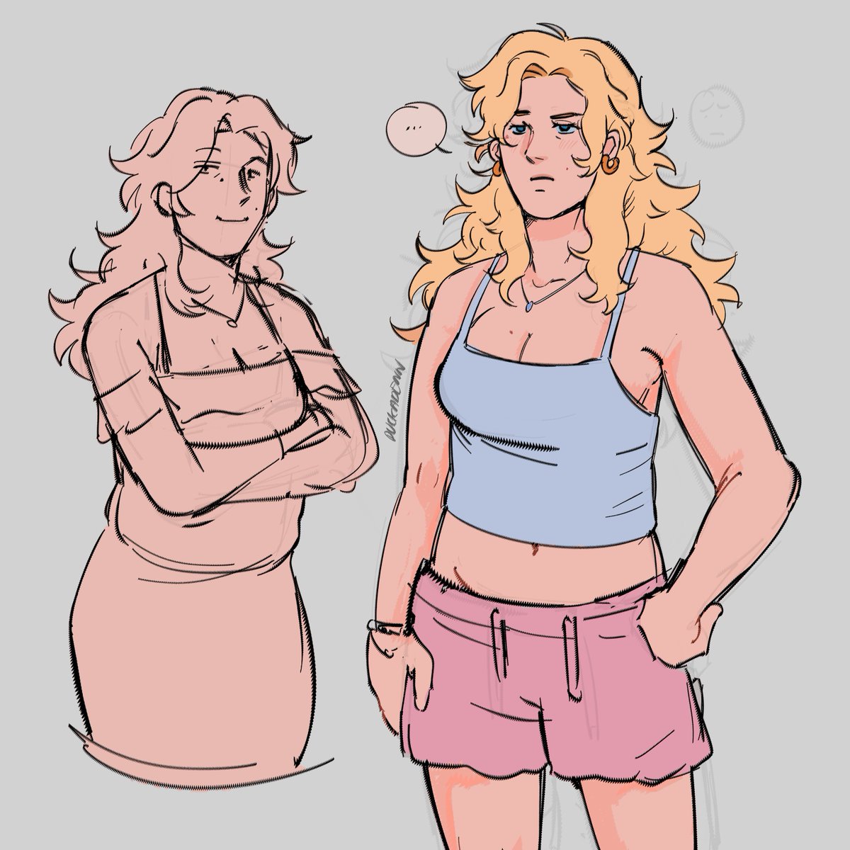 duckadenn's tweet image. was doodling haley to show a friend my hcs of her body type but i accidentally drew it so close to my real vision of her that i teared up LMAO.. this is so so close to how i imagine her... i cant believe shes real #shutterspeed #haleystardewvalley