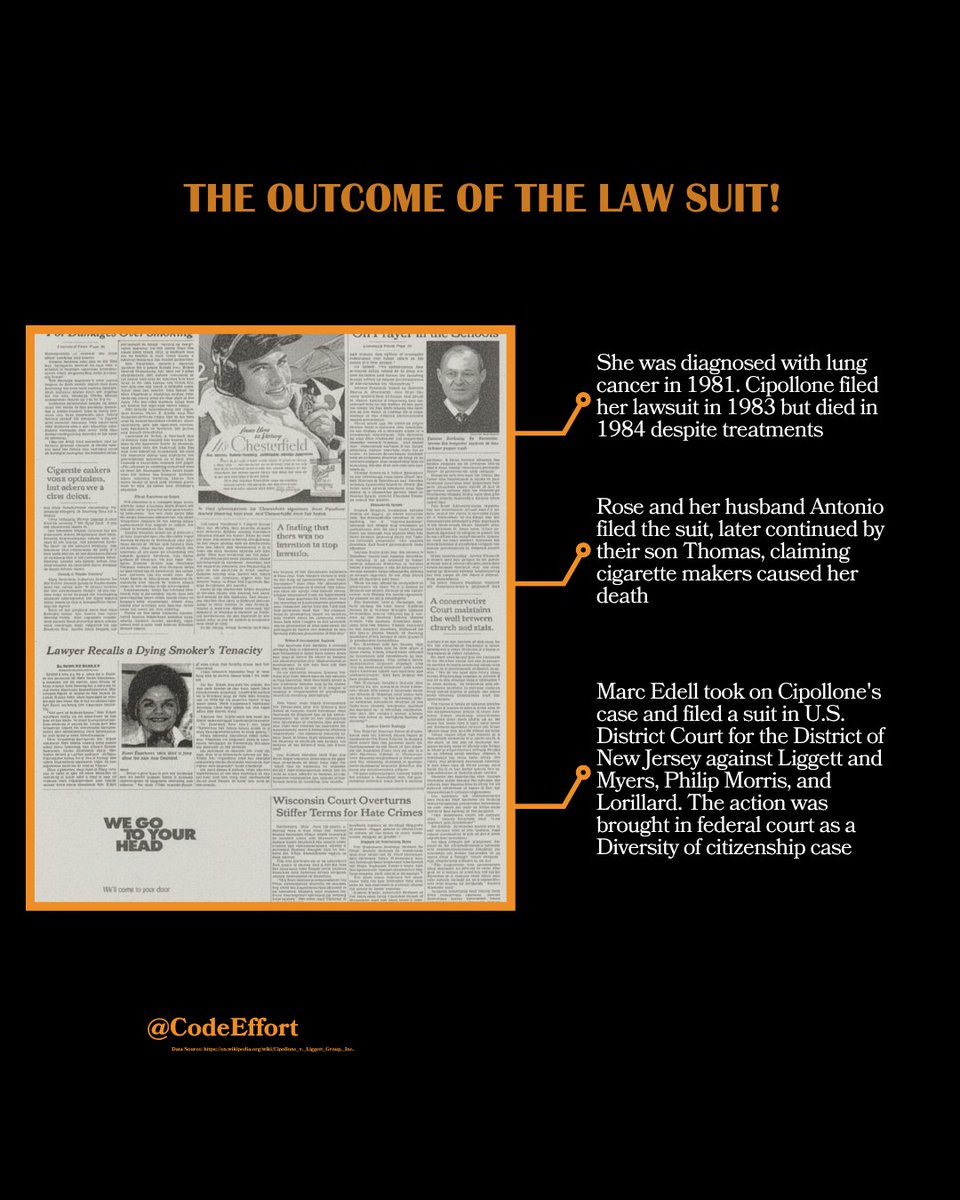 Rose Cipollone’s fight exposed the lies of the tobacco industry. She was the first to take a tobacco company to court — and though she didn’t live to see the end, her courage changed history. 🚬 🔍

#TobaccoExposed #CodeEffort #RecycleTheButt #SmokingIsInjuriousToHealth
