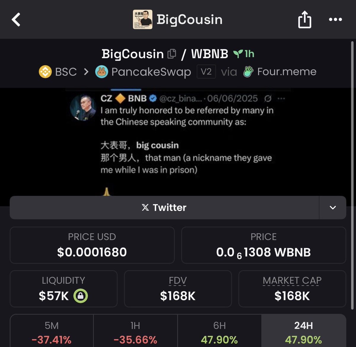 Everyone calls <a href="/cz_binance/">CZ 🔶 BNB</a> Bigcousin. BigCousin is gonna be the biggest play we will have today, another multimillion runner caught early 🔥🔥🔥🔥

0x786Fb8353149A5F6E7c204653d5Cd427762c4444