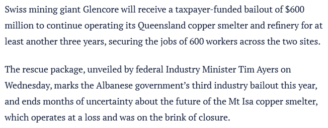 Confirmed: $600m over three years for ~600 jobs.

$333,000 per job per year!

And I'll give you decent odds that in three years' time, we're having another discussion about another bailout.

We're being taken for mugs - by Glencore *and* our pollies.