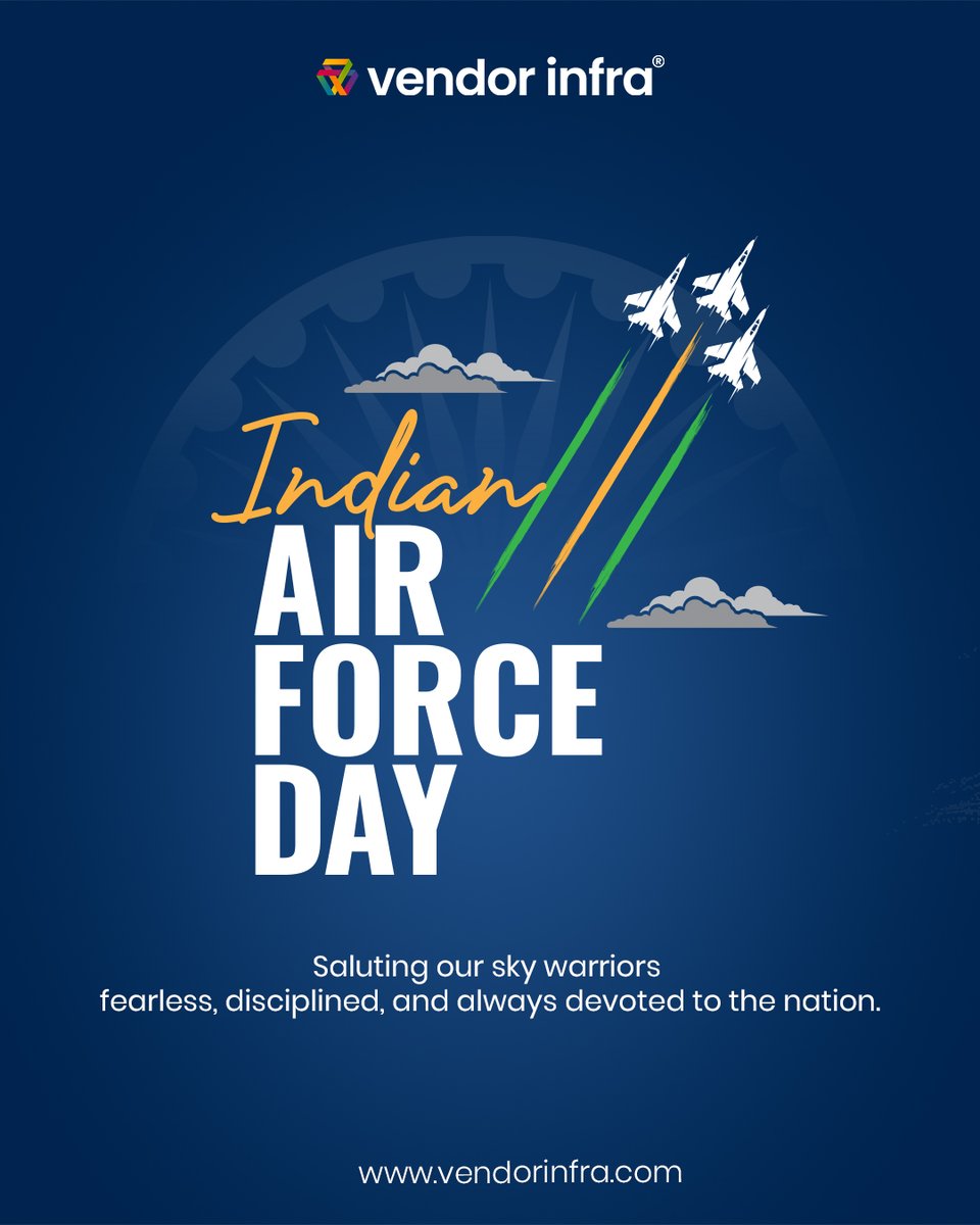 Saluting the guardians of our skies! 🇮🇳
On #IndianAirForceDay, we honor the courage, precision &amp; dedication of the #IndianAirForce — the force that truly touches the sky with glory. ✈️

vendorinfra.com

#TouchTheSkyWithGlory #VendorInfra #JaiHind