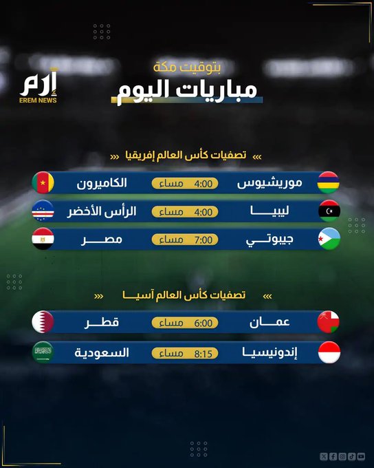 مواجهات قوية في تصفيات كأس العالم في إفريقيا وآسيا. إليكم مواعيد أبرز مباريات اليوم 