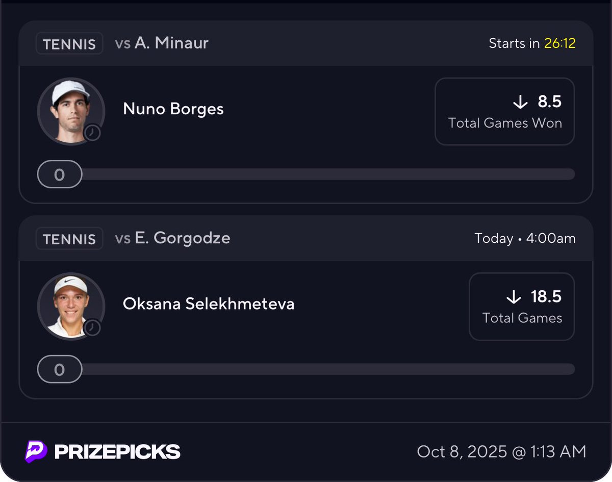 🎾 3x wake n cash

ATP Shanghai 🇨🇳 x Mallorca 🇪🇸

de minaur 2-0

selekhmeteva 2-0

🔗: prizepicks.onelink.me/gCQS/shareEntr…

❤️ if tailing.

when this cashes you join discord. link in bio.

#PrizePicks #GamblingX #PlayerProps #tennis #ATP #WTA #HardCourt #TennisPicks