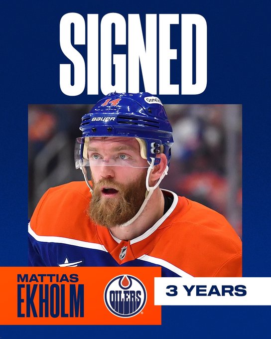 Graphic that says SIGNED MATTIAS EKHOLM THREE YEARS with a photo of the Oilers defenceman