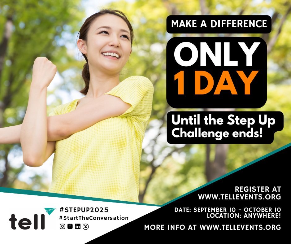 TELLJapan's tweet photo. Just one day left to join the #StepUpChallenge2025! Compete, connect, and contribute today at https://t.co/X2Uz7GByC1. From September 10 to October 10, take part in the #StepUpChallenge. Your efforts will help support mental health and prevent suicide. https://t.co/CIaLpx7VUW