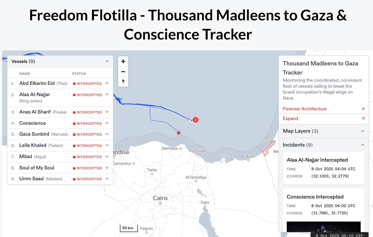 Freedom Flotilla Tracker now showing ALL vessels &amp; aid have been stolen by Israeli piracy &amp; ALL crews abducted in international waters! #SanctionIsraelNOW