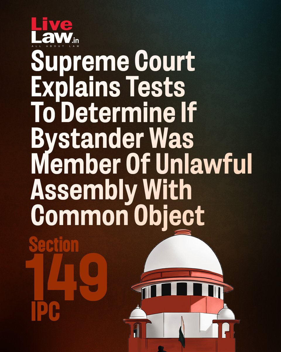 LiveLawIndia's tweet photo. The Supreme Court on Tuesday (October 7) observed that mere presence at the crime scene would not ipso facto render a person a member of the unlawful assembly to book him under Section 149 IPC.
Read more: https://t.co/A9aEr3bJ3g
#SupremeCourt #Section149IPC https://t.co/8Q5jWMRia7