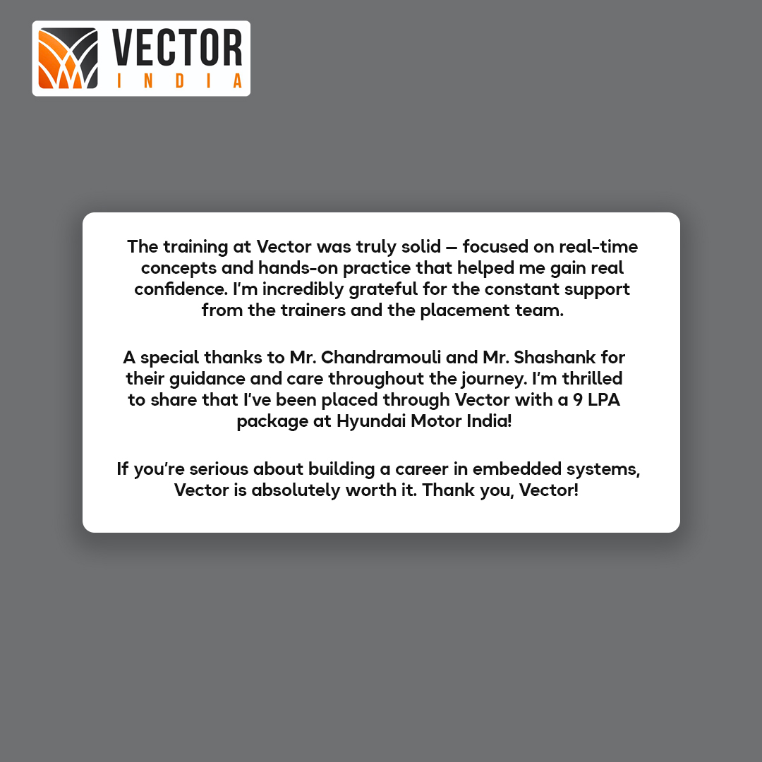 Vector_India's tweet image. At Vector India, we turn passion into success!

Golti Saran Teja’s 9 LPA placement at Hyundai is proof that with the right training &amp;amp; support, your dream engineering career is possible.
Ready to power your future in embedded systems &amp;amp; circuits?
#Engineering #CircuitDesign