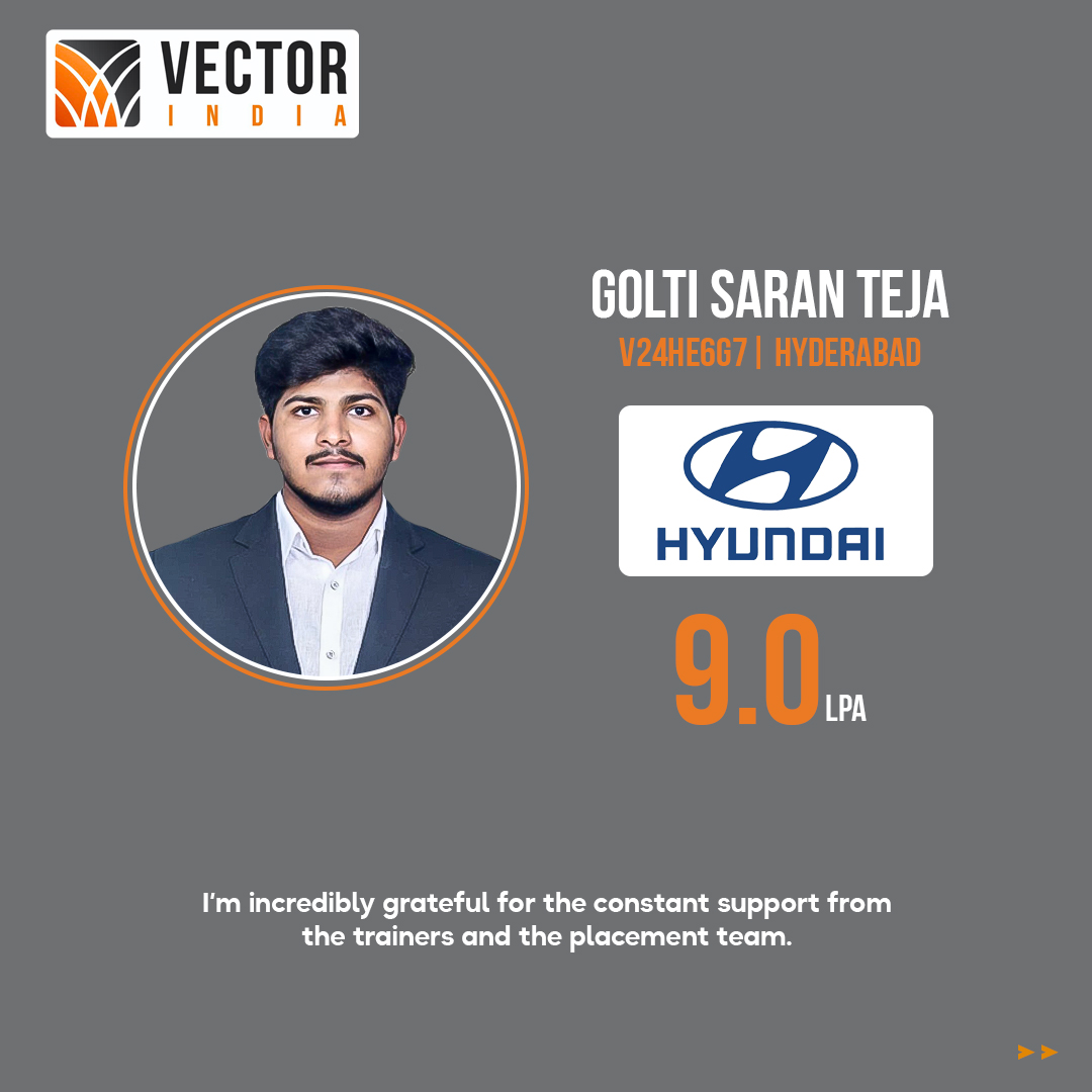 Vector_India's tweet image. At Vector India, we turn passion into success!

Golti Saran Teja’s 9 LPA placement at Hyundai is proof that with the right training &amp;amp; support, your dream engineering career is possible.
Ready to power your future in embedded systems &amp;amp; circuits?
#Engineering #CircuitDesign