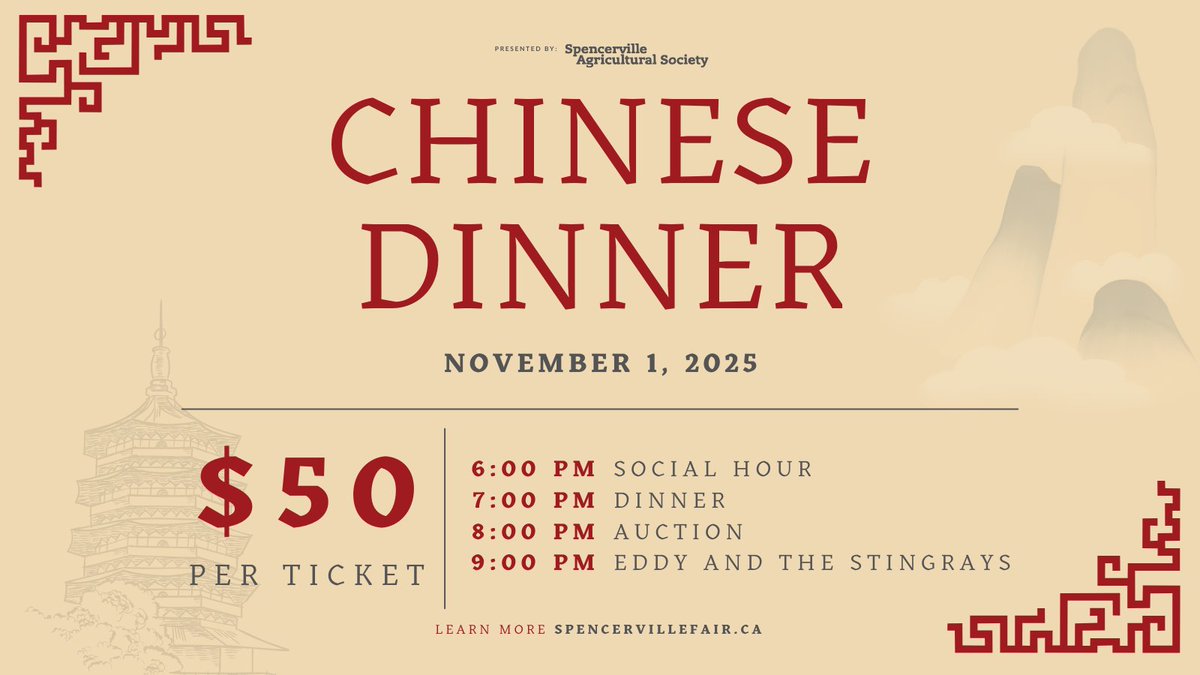 One of our most loved nights is BACK!

Join us for the Annual Chinese Dinner Fundraiser on Nov 1 at 6 PM, an unforgettable evening of delicious food, live auction fun, and dancing with Eddy &amp; the Stingrays

🎟️ Tickets: $50 - they sell out FAST!
👉 spencervillefair.ca/chinesedinner