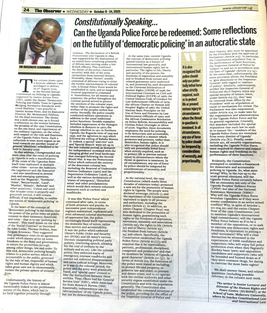 bkabumba's tweet image. My column in this week’s @observerug 

I examine whether @PoliceUg can be trusted to ‘serve and protect’ all Ugandans - especially in the run up to the @UgandaEC organized 2026 general elections

observer.ug/viewpoint/can-…