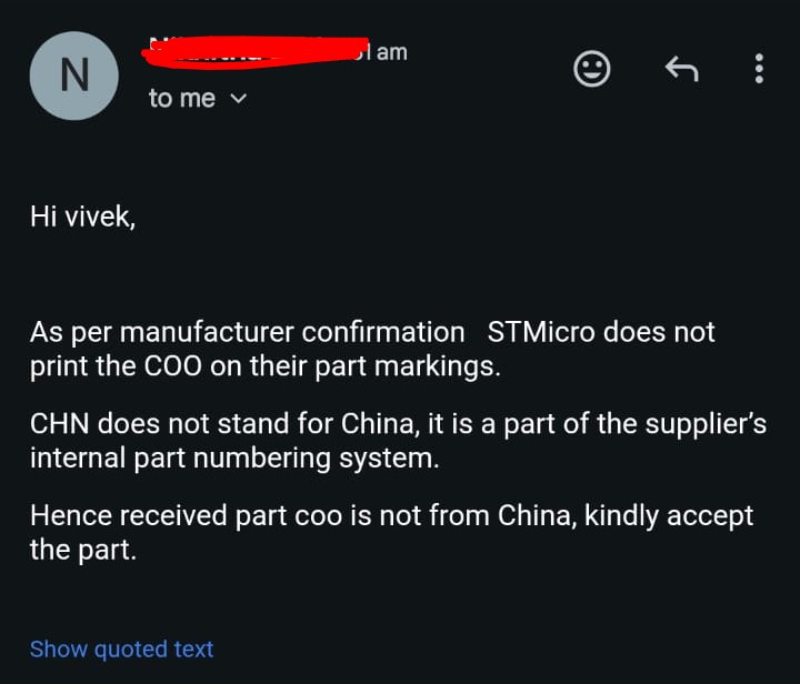 mallik2m's tweet photo. Hello @ST_World @MouserElec 
We ordered batch of STM32 MCU from both STMicro and mouser. They have CHN on the MCU. We opted for TW COO and the same is mentioned on all documentation and invoice. Now both STMicro and mouser support say CHN is not China. What does it actually mean? https://t.co/91RZP5bCTl