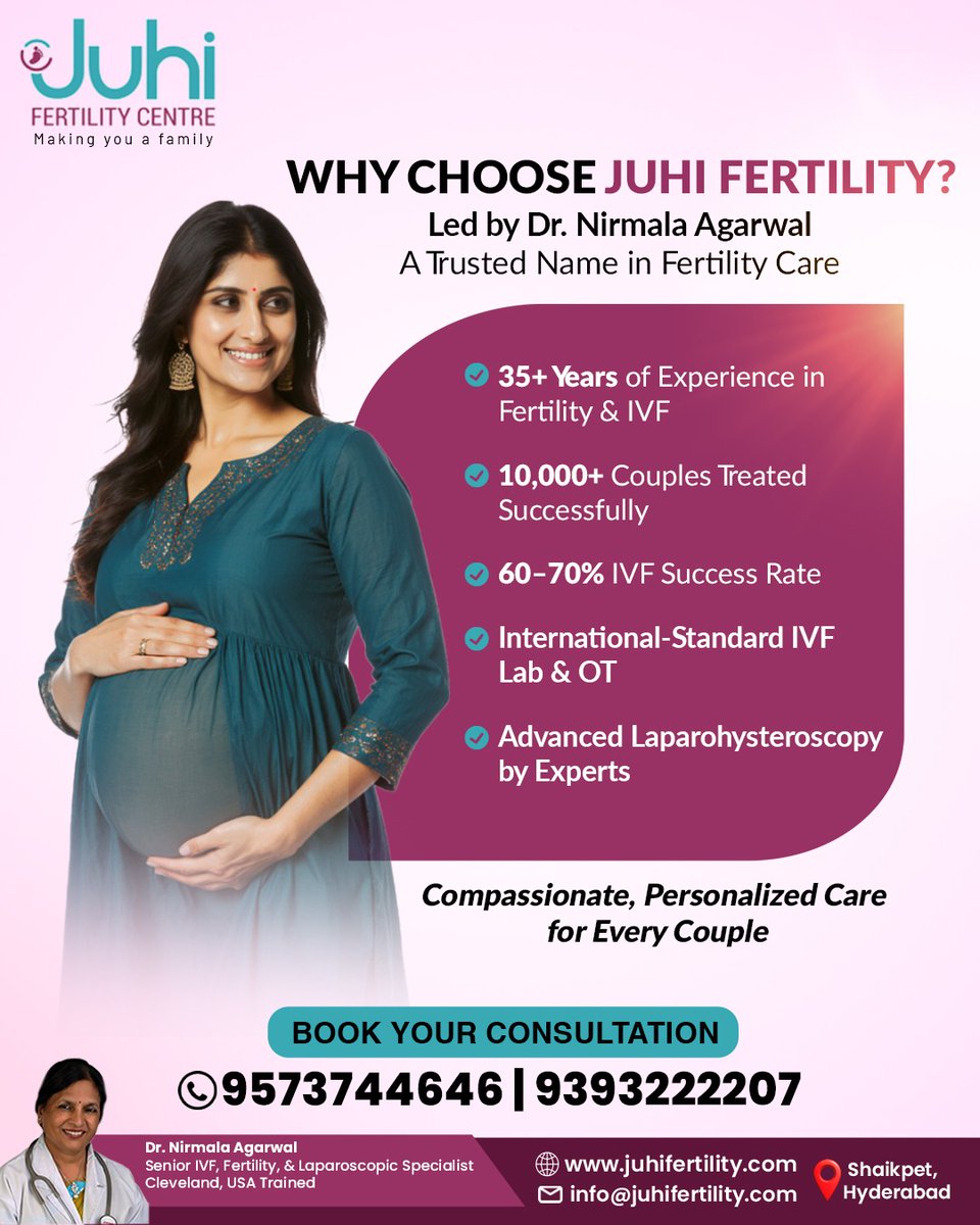 CenterJuhi's tweet photo. Why Choose Juhi Fertility Centre, Hyderabad?
Led by Dr. Nirmala Agarwal, with 35+ years of IVF expertise and advanced fertility care with compassion. 

👩‍⚕️ International-standard IVF Lab
💉 Personalized, transparent care

📍 Shaikpet, Hyderabad
#IVFHyderabad #JuhiFertility https://t.co/Rbqgv6EcWi