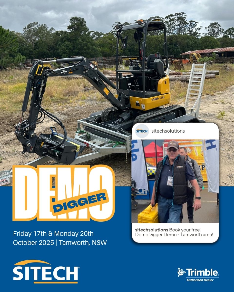 SITECHNSW's tweet image. 🚜 The Trimble DemoDigger is on the road again 📍Next Stop Tamworth area, Friday 17 &amp;amp; Monday 20 October

The Trimble DemoDigger is coming to you! Get behind the controls and experience Trimble for yourself.

 📞 Call 02 6788 2155 to Book Now

#trimbleearthworks #siteworks #sitech