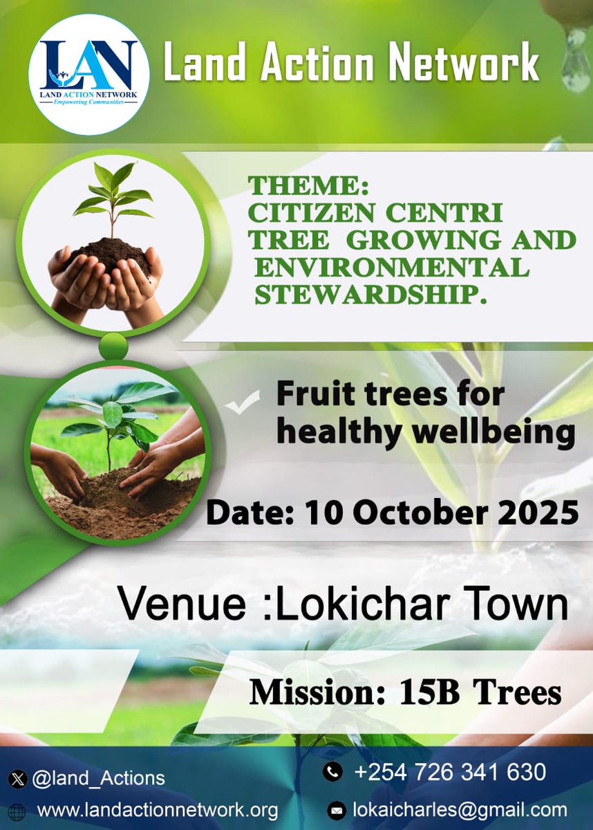 LandActions's tweet photo. Join the movement for a Greener Future!

The Land Action Network (LAN) invites you to our upcoming tree-growing event under the theme:
Citizen-Centric Tree Growing and Environmental Stewardship.

@EUinKenya
@KIOSFoundation 
@CSONetworkKenya
@InformAction_KE
#HakiNiYetu https://t.co/HYyI2sP5y0