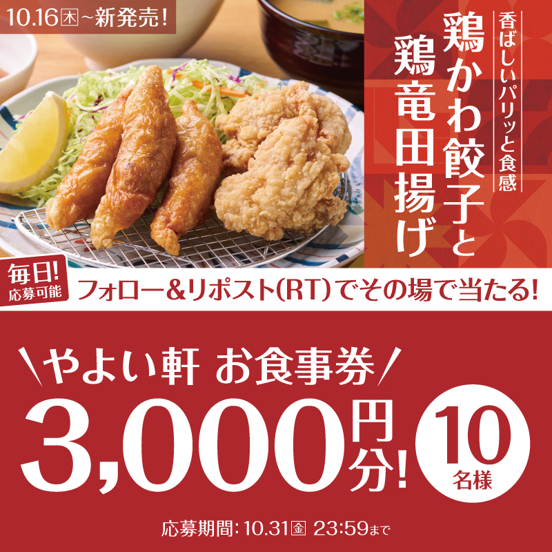 yayoiken_com's tweet photo. 📢あと2日！※毎日応募🉑
鶏皮餃子と鶏竜田揚げの定食発売記念キャンペーン🎉
#やよい軒 お食事券3,000円分を10名様に🎁
10.31(金) 23:59 迄
【応募方法】
1️⃣@yayoiken_comをフォロー
2️⃣この投稿をリポスト
3️⃣その場で当選者にDMが届く
#今日によいもの