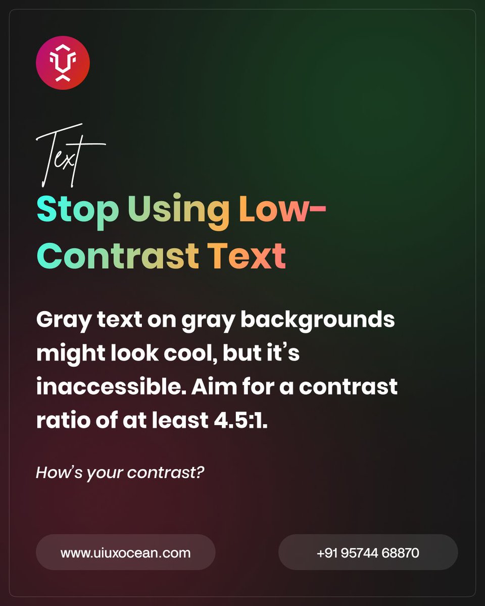 rajesh_uiux's tweet image. Stop Using Low-Contrast Text.
Gray text on gray backgrounds might look cool, but it’s inaccessible. Aim for a contrast ratio of at least 4.5:1.
How’s your contrast?