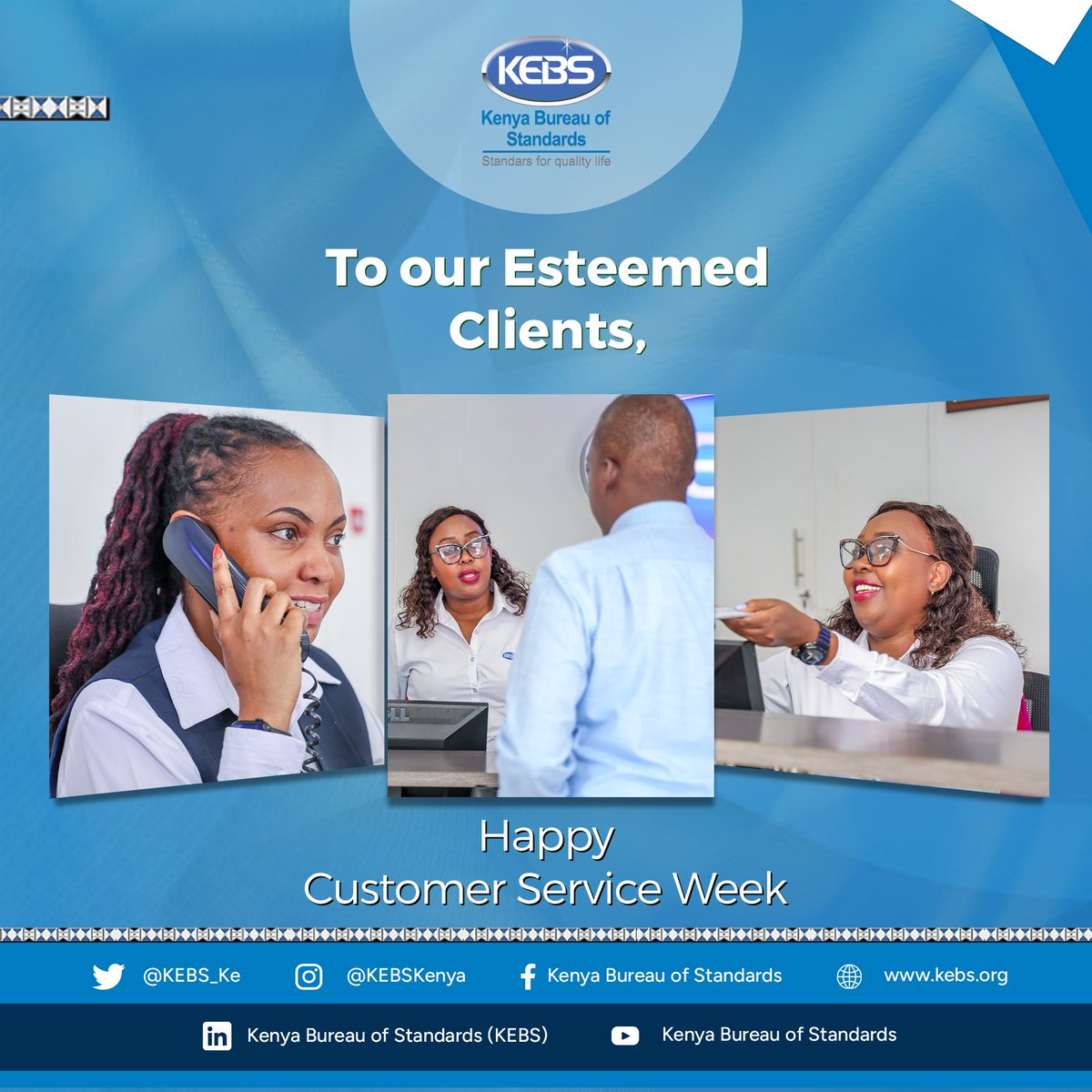 KEBS_ke's tweet photo. Throughout Customer Service Week, our focus remains sharp: providing seamless support and expert guidance. Thank you for making us your choice for standards and assurance. ^VA

#KEBS #CustomerValue #ServiceStandards #MissionPossible https://t.co/gjydn4mpfQ